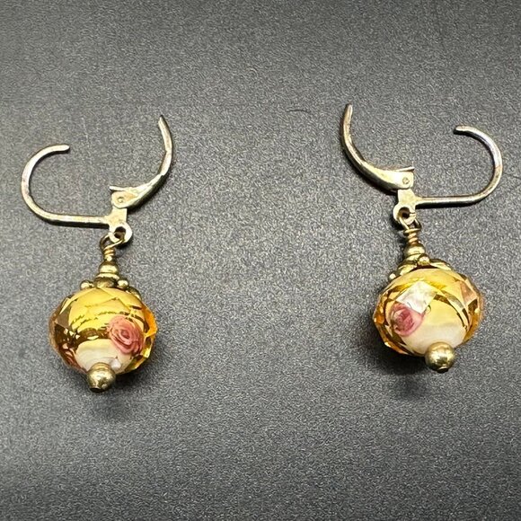 Faceted Bead Earrings Amber Pink Roses Cottagecore Dangle Drop Gold Toned - Picture 4 of 8